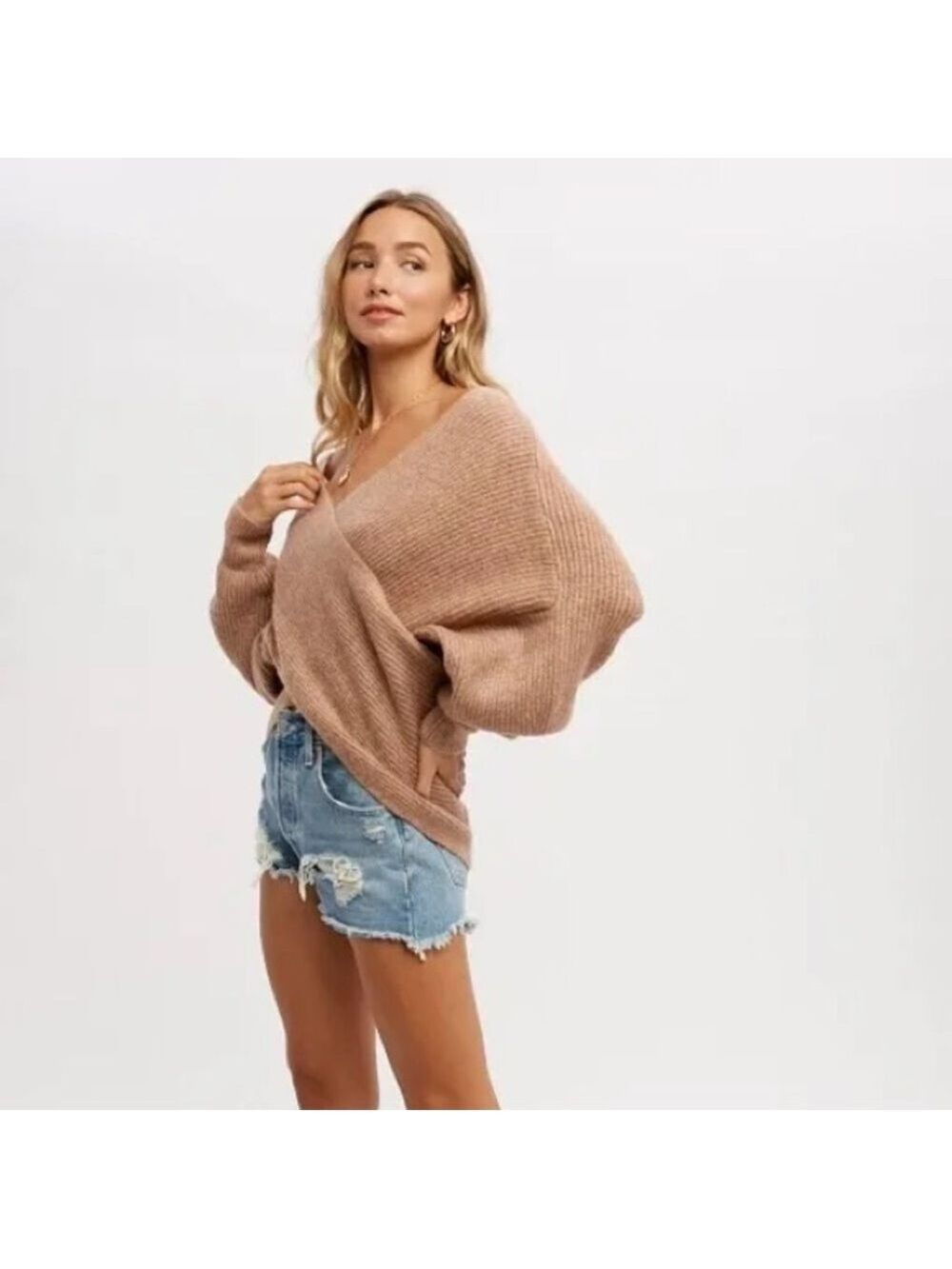 CLEAR OUT!!! Crossover Ribbed Pullover- Latte - Picture 9 of 11